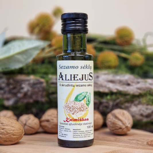 SEZAMO SĖKLŲ (SKRUDINTŲ) ALIEJUS, ŠALTO SPAUDIMO 100 ML